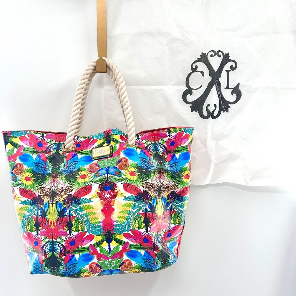 CHRISTIAN LACROIX REVERSIBLE PINK FLORAL DRAGONFLY TOTE W/ DUST BAG - Picture 2 of 11